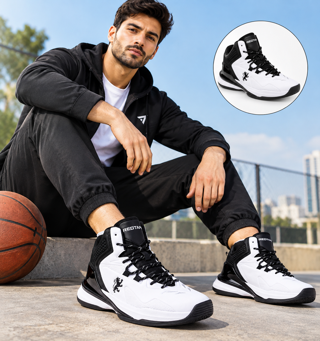 REDTAPE Men's White & Black High-Top Basketball Sneakers | Premium Sports Shoes