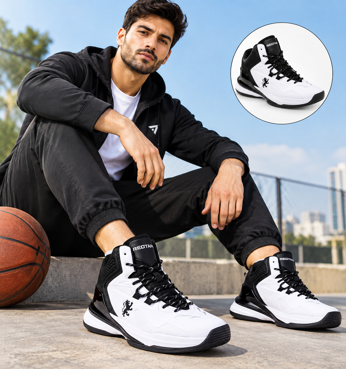 REDTAPE Men's White & Black High-Top Basketball Sneakers | Premium Sports Shoes