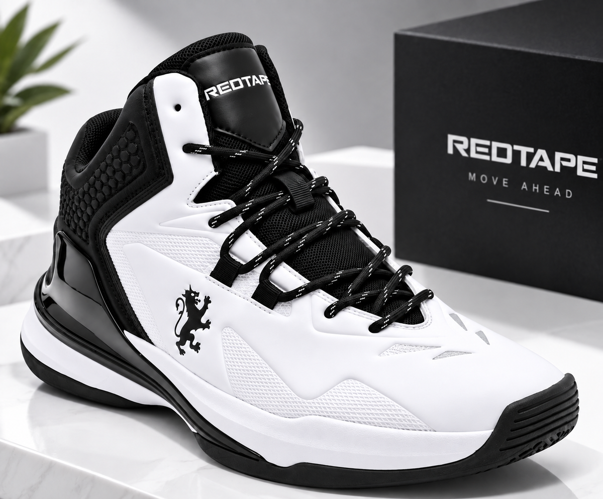 REDTAPE Men's White & Black High-Top Basketball Sneakers | Premium Sports Shoes