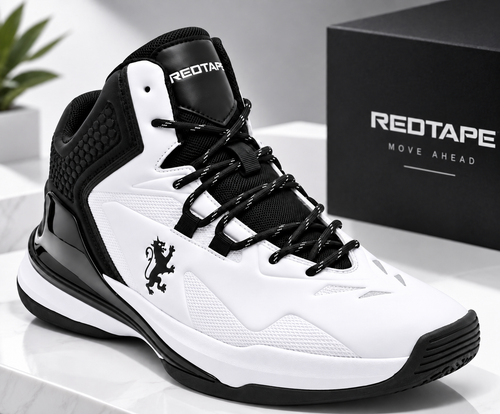 REDTAPE Men's White & Black High-Top Basketball Sneakers | Premium Sports Shoes