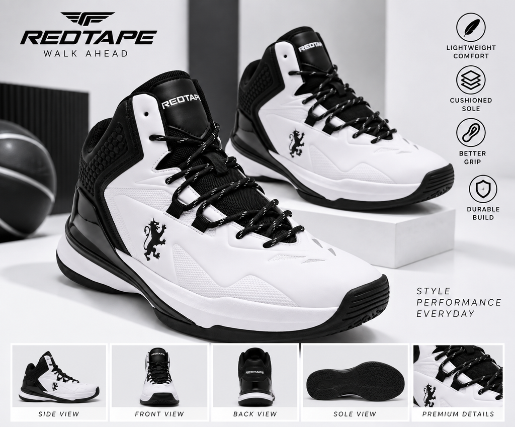 REDTAPE Men's White & Black High-Top Basketball Sneakers | Premium Sports Shoes